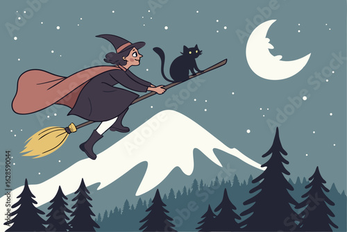A witch flying over a mountain with her black cat vector illustration