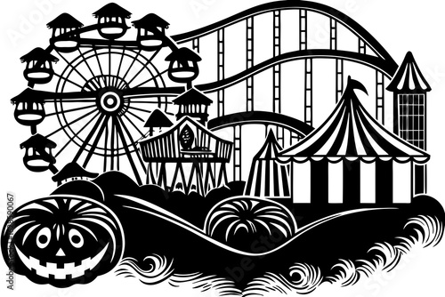 An abandoned amusement park decorated with Halloween props vector illustration