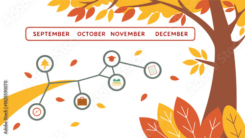 Illustration of a tree with autumn leaves and a timeline with months and icons representing milestones