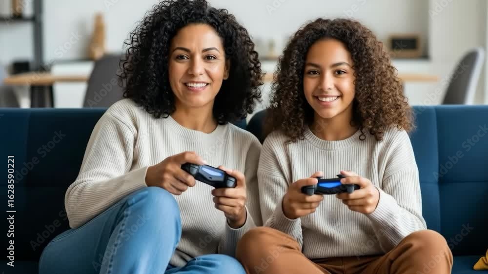 Latin mother and daughter on couch playing videogames Latin mother and daughter on couch playing videogames