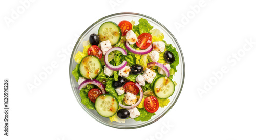Fresh greek salad with feta cheese and olives isolated on transparent background