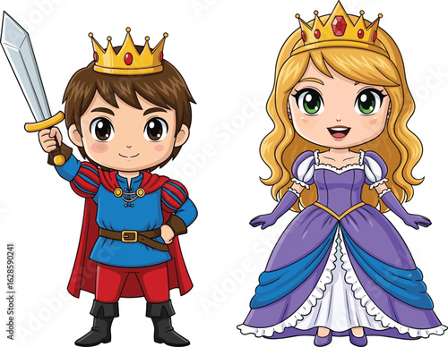 PrintCartoon prince and princess standing, royal costumes, sword and crown, medieval fantasy characters, kids in dress, fairy tale, young royalty.Cartoon prince and princess standing, royal costumes,