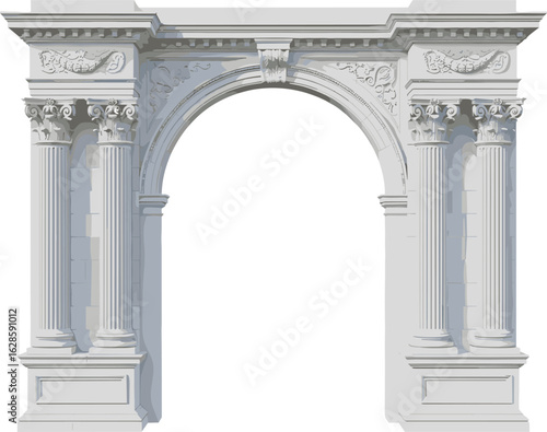 PrintClassic Roman arch, white marble structure, historical monument, decorative architecture, ancient style archway, ornate columns, European landmark, isolated background