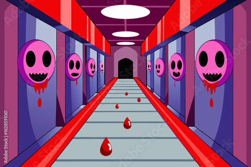 A spooky hallway with dark blood dripping down the walls vector illustration
