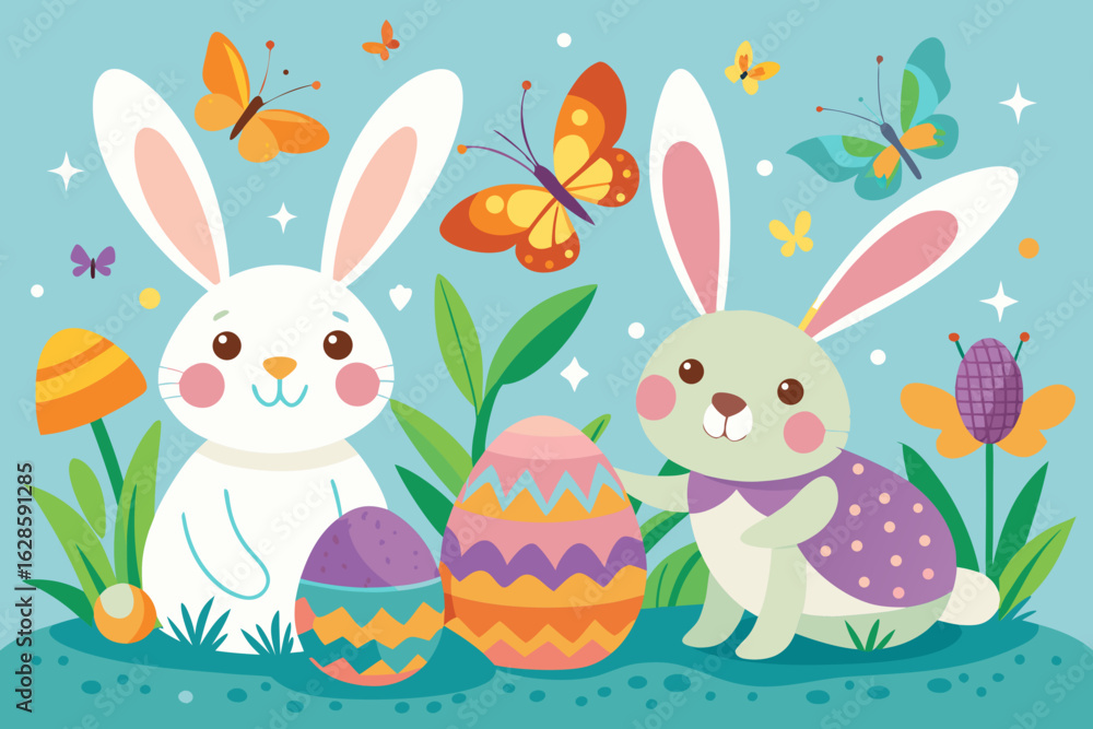 Obraz premium Whimsical Easter bunnies with decorated eggs and blossoms vector illustration