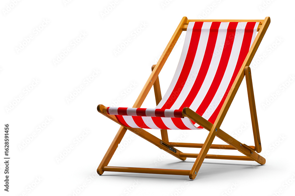 Red and white striped wooden beach chair isolated on white background. Summer holidays and vacation concept Red and white striped wooden beach chair isolated on white background. Summer holidays and vacation concept