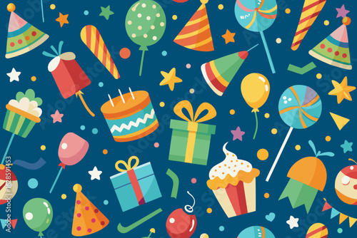 A celebration themed seamless pattern with various holiday objects vector illustration