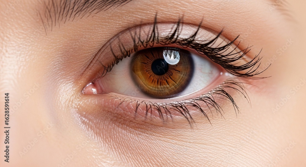 Obraz premium Close-up of a brown eye with long eyelashes, showing intricate details of the iris and skin texture, ideal for beauty and healthcare concepts