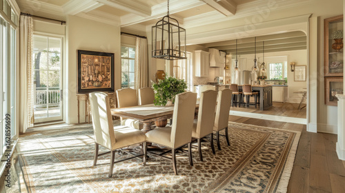 Green  patterned rug  and beige table create cozy cohesion. A classic ceiling medallion and elegant chandelier add character to the space