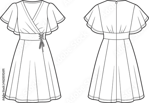 PrintElegant women's wrap dress with flutter sleeves, lace-up waist detail, flared skirt, casual fashion, summer outfit, versatile design.

Keywords: