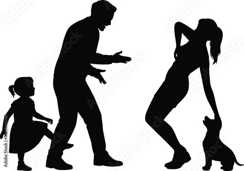 PrintFamily silhouette arguing outdoors, father and mother in dispute, child and dog nearby, emotional conflict, relationship tension, 