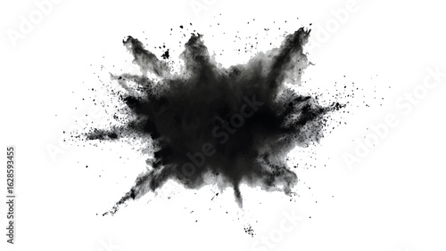 Abstract powder splatted on white background, Black vibrant paint black powder explosion with dark colors isolated white background.