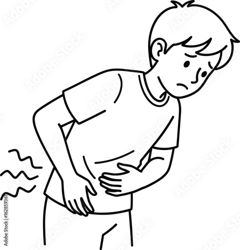 Boy suffering from stomach ache abdominal pain health problem art