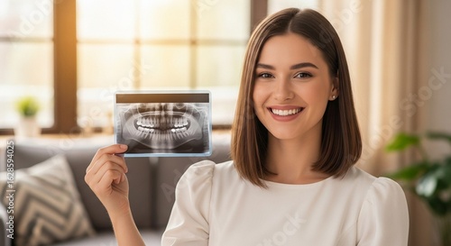 Woman Smiling, Holding Dental X-Ray Healthy Teeth and Dental Care