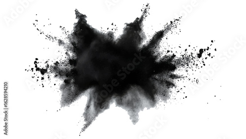 Abstract powder splatted on white background, Black vibrant paint black powder explosion with dark colors isolated white background.