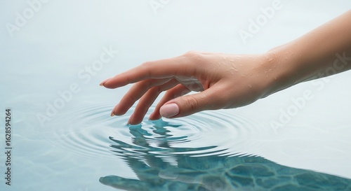 Serene hand touching water in a pool, creating ripples. Concept of beauty, spa, relaxation, and tranquility.