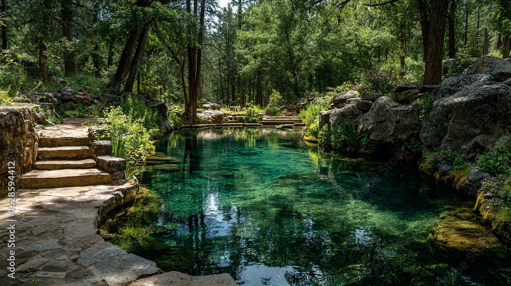Naklejka premium Tranquil pool nestled in a sun-drenched forest. Stone steps lead down to crystal-clear water