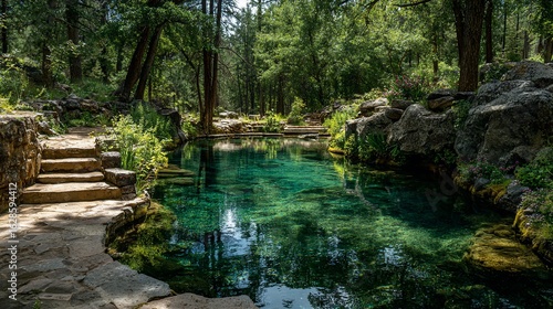 Tranquil pool nestled in a sun-drenched forest.  Stone steps lead down to crystal-clear water