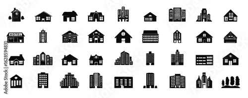 Collection of Diverse Black and White Building Icons Representing Homes Hotels Skyscrapers and Public Buildings for Urban Planning and Real Estate Concepts