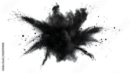 Black color powder explosion isolated on white background. Black dust flying, effect explode isolated on white background. Black sand flying explosion on a white transparent background. 