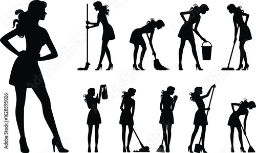 PrintSilhouette of woman cleaning, various housework poses, female maid with tools, domestic chores, home cleaning, hygiene, hardworking lifestyle, routine