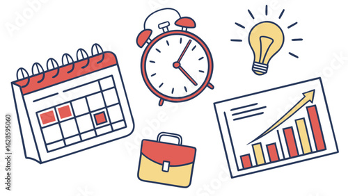Illustration showing calendar, alarm clock, lightbulb, briefcase, and growth chart on a white background