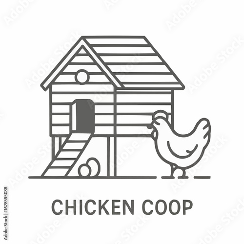 Chicken coop with hen and eggs in minimalist design  
