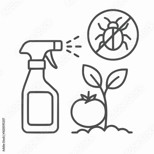 Pest control spray bottle with plant and tomato illustration  