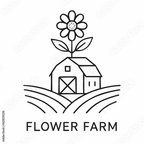 Outline of a flower farm with a barn and flower on a field  