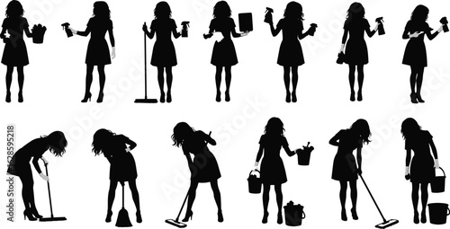 PrintSilhouette of women doing house cleaning with mop, spray, and bucket, various poses, hygiene concept, female chores, black illustration