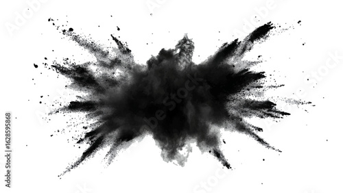 Black color powder explosion isolated on white background. Black dust flying, effect explode isolated on white background. Black sand flying explosion on a white transparent background. 