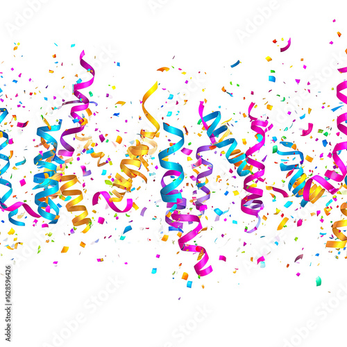 Abstract, vibrant, colorful confetti ribbons cascade on black background