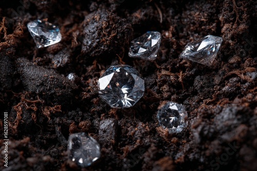 Natural diamonds resting on dark soil create a striking contrast in their appearance and capture the beauty of nature's gems