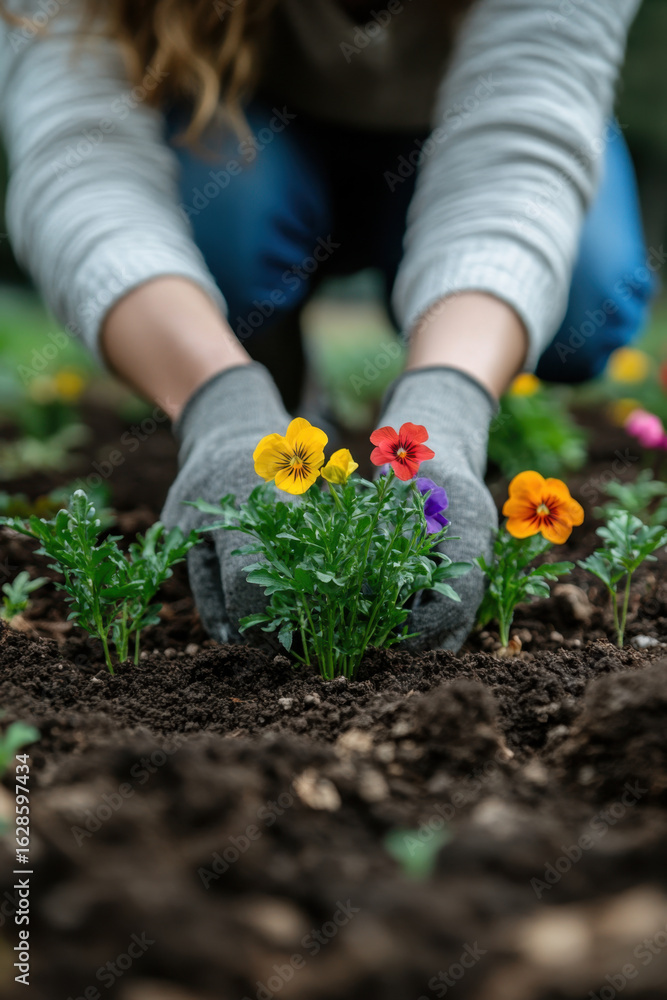 Fototapeta premium Woman planting flowers in garden.