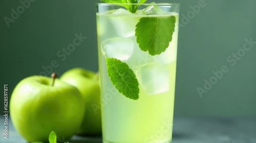 A glass filled with ice and a green apple placed beside it, perfect for a refreshing snack or as a decorative element