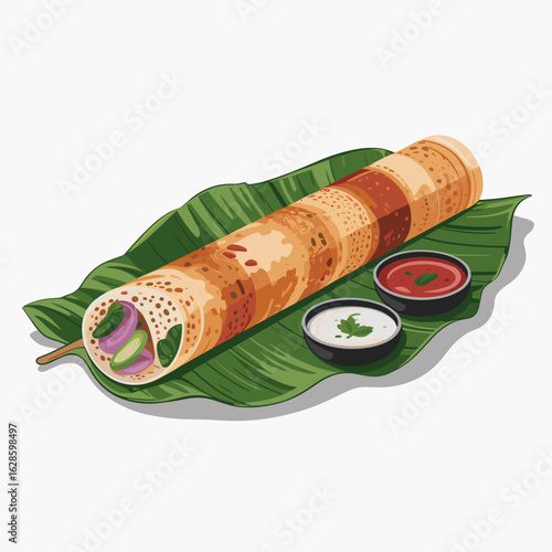 Masala Dosa with Chutneys on Banana Leaf – Vector Illustration
