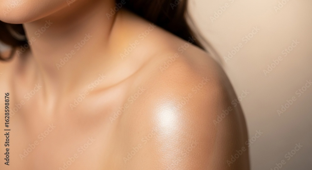 Close-up of a woman's radiant shoulder and collarbone, highlighting smooth, healthy, and moisturized skin with a beautiful glow, ideal for beauty and skincare concepts. Close-up of a woman's radiant shoulder and collarbone, highlighting smooth, healthy, and moisturized skin with a beautiful glow, ideal for beauty and skincare concepts.