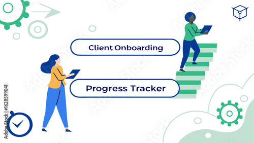 Illustration depicting client onboarding and progress tracking with people and gears in a modern design