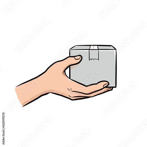 Hand holding small package with tag on white background  