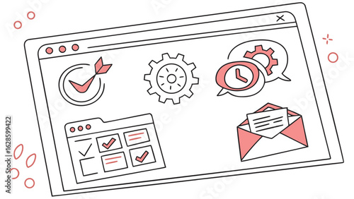 Illustration of a computer screen displaying icons related to productivity and project management tasks
