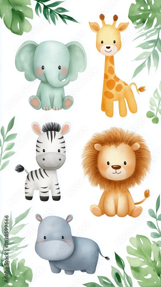 Naklejka premium Cute cartoon african animals with leaves - elephant, giraffe, zebra, lion, hippo
