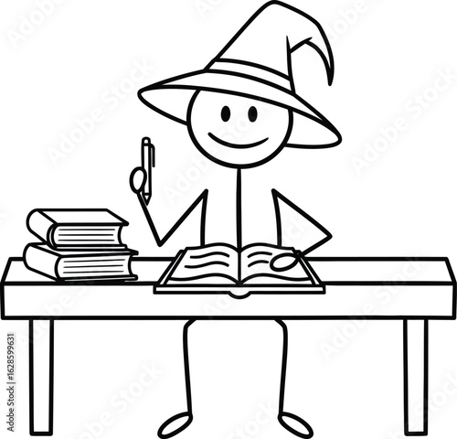 Wizard studying magic spells stick figure illustration drawing