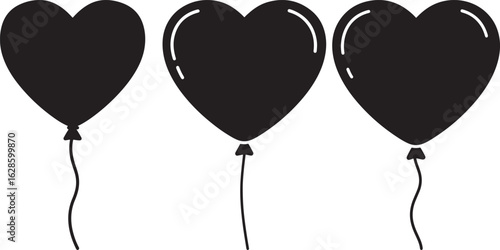 Three black heart shaped balloons floating silhouette