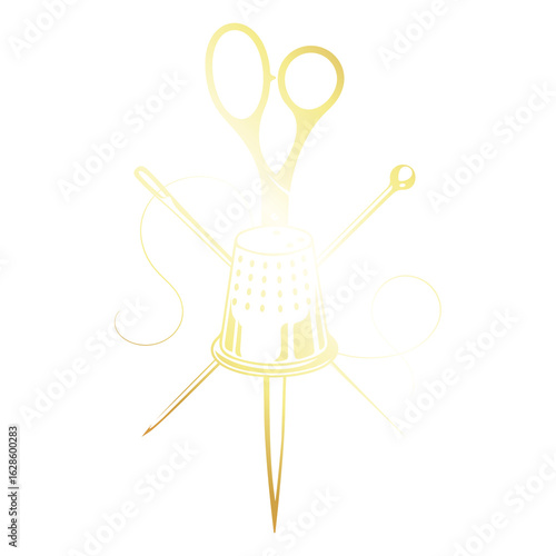 Golden scissors needle thimble sign for hand sewing and sewing salon