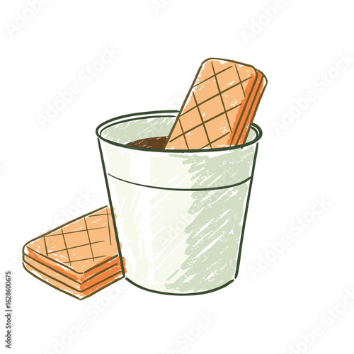 Wafers dipped in chocolate cup with two wafers beside  