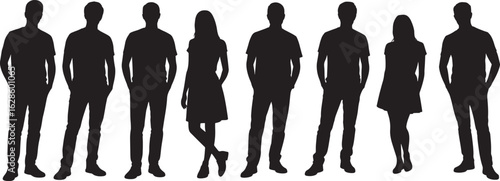 Group of diverse people standing together silhouette isolated on transparent background.