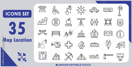 Map Location icon set. Containing pin, flag, GPS, destination, direction, distance, place, navigation, route, road, marker, address, position and more. Editable line icons. Vector illustration.