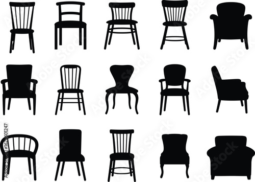 Chair Silhouette Collection – Vector Set Showcasing Diverse Furniture Designs from Minimalist Stools to Armrest Loungers and Vintage Seating