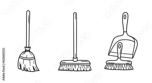 Outline set of broom, brush, and dustpan icons in doodle style  