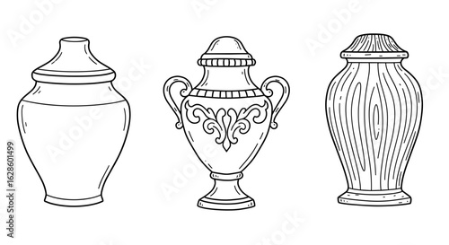 Outline Set of 3 Icons, Black on White, Doodle, Different funeral urns for ashes  